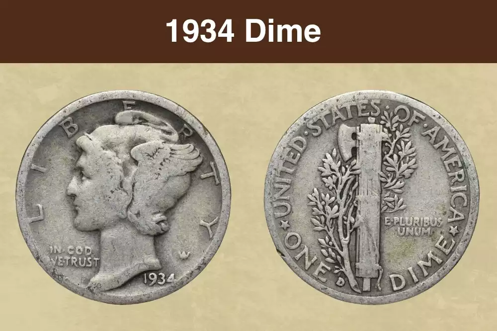 1934 Mercury dime obverse showing Liberty with winged cap and reverse showing fasces with olive branch