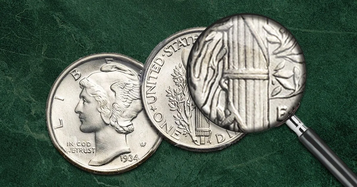 1934 Mercury dime reverse comparison showing flat bands (non-FB) on left versus fully split bands (FB) on right