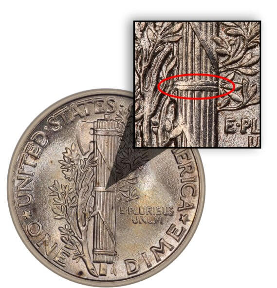 1934 Philadelphia Mercury dime reverse close-up showing Full Split Bands on the fasces