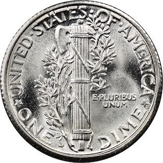 1934-D Mercury dime reverse showing D mint mark and Full Split Bands on the fasces