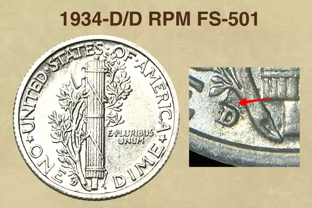 1934-D Mercury dime showing the D/D Repunched Mintmark FS-501 variety with secondary offset D impression visible under magnification