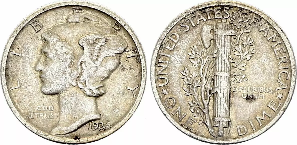 1934 Mercury dime grading strip showing four condition tiers from worn Good grade on left to Mint State gem on right